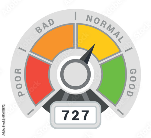 An illustration of a credit rating indicator with color-coded segments that indicate a range from poor to good ratings.
