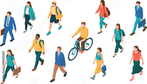 Isometric walking people vector illustration, urban pedestrians, business professionals, casual lifestyle characters, modern city population concept set