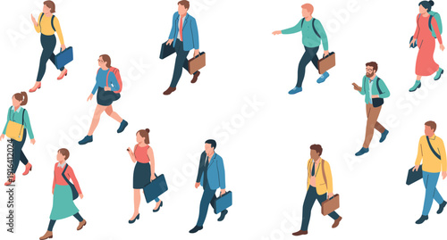 Isometric walking people vector illustration, urban pedestrians, business professionals, casual lifestyle characters, modern city population concept collection set