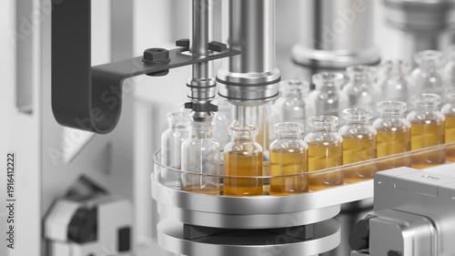 Filling yellow liquid medicine into glass bottles. Automated pharmaceutical process loop animation.