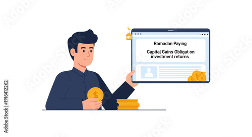Illustration of a man holding gold coins with a computer screen displaying Ramadan Paying Capital Gains on investment returns, symbolizing financial success.