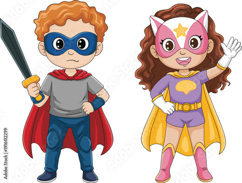 Cute cartoon superhero kids characters, brave boy with sword and masked girl, colorful flat vector illustration isolated on white background