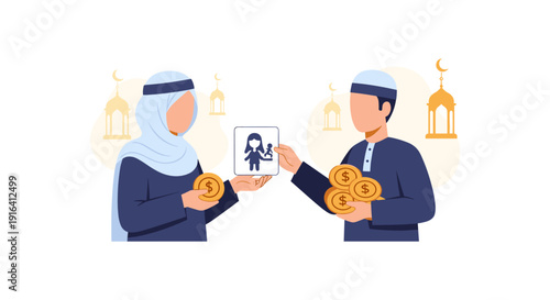 A digitally illustrated Muslim couple exchanging gifts and coins with a serene mosque background, symbolizing generosity and charity.