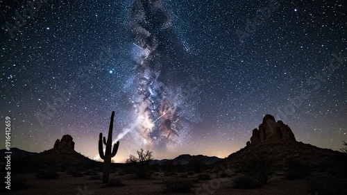 Milky Way galaxy visible over a desert landscape at night. A bright meteor streaks across the starry sky, illuminating the saguaro cactus. Cosmic phenomenon in an arid environment.