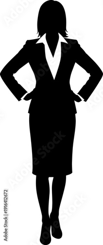Businesswoman Silhouette Standing with Hands on Hips Isolated on White Background