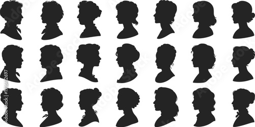 Set of vintage women profile silhouettes, elegant female head side view collection isolated on white background, classic cameo style