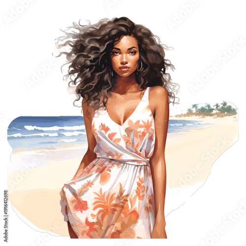 Beautiful Young Mixed Race Woman in Floral Summer Dress at Tropical Beach