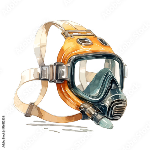 Watercolor Full Face Scuba Diving Mask in Yellow and Black Isolated on White
