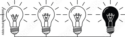 Creative Light Bulb Icon Set Representing Idea Generation, Innovation, Inspiration, Problem Solving, and Strategic Thinking with Glowing Filament and Standout Black Bulb Concept