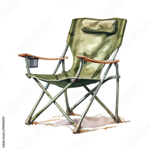 Watercolor Green Folding Camping Chair with Armrests and Headrest Isolated on White