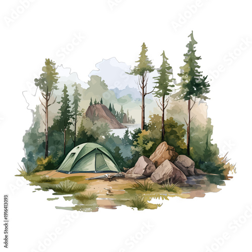 Watercolor Green Dome Tent at Forest Campsite with Pine Trees and Rocks Isolated on White