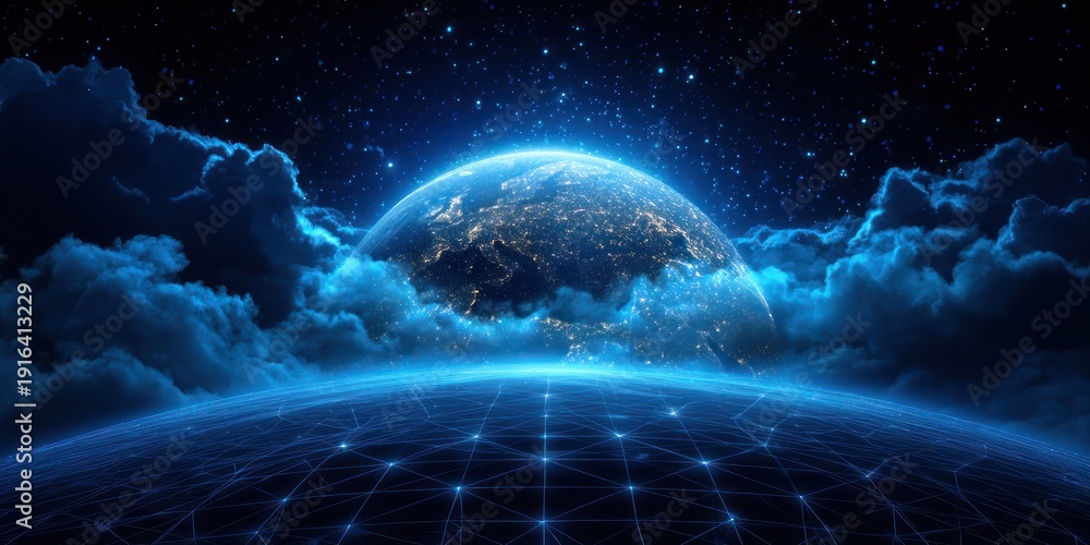 Fototapeta premium Glowing Blue Planet Earth Behind Clouds with Digital Network Grid Futuristic Global Connectivity and Financial Opportunity Borderless Opportunity Network