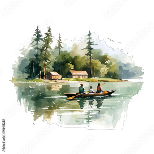 Watercolor Illustration of People Fishing from a Rowboat on a Calm Lake