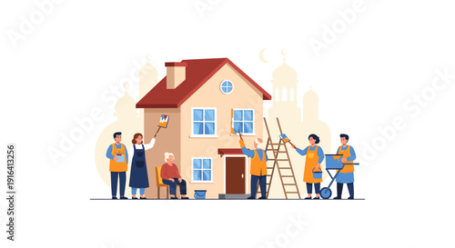 Illustration of professional house painting service team renovating a house exterior with paint rollers and ladders, depicting home improvement and maintenance.