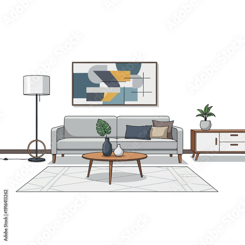 Modern Living Room Furniture Illustration Interior.