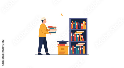 Illustration of a man in yellow shirt organizing books on a shelf at night, with a graduation cap on a nearby crate under soft moonlight.