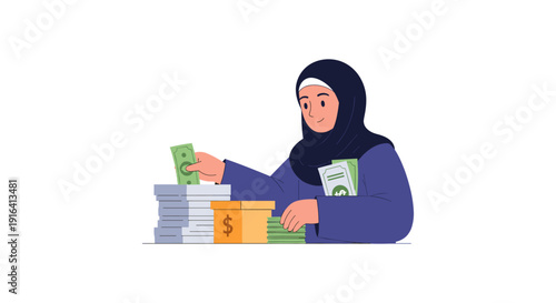 Illustration of a woman in hijab counting dollar bills with stacks of money and a piggy bank, symbolizing savings and financial management.
