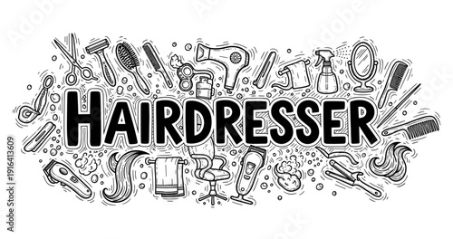 Hairdresser tools sketch: combs, brushes, scissors, dryer, curlers, and shampoo
