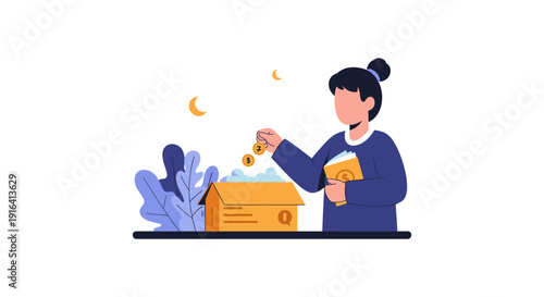 Illustration of a woman donating cash into a charity box, symbolizing generosity and kindness in a simple, flat design.