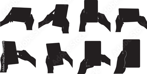 Silhouettes of hands holding mobile devices in various positions