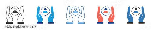 Concept of hands cradling a person within a circular arrow, illustrating user protection, dedicated care, and comprehensive customer support services across various platforms