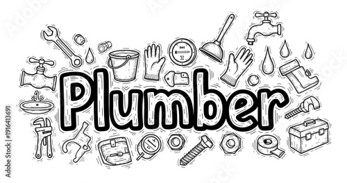 Hand-drawn plumbing tools and equipment illustration