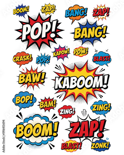 Explosive Comic Sound Effect Typography – BOOM ZAP BANG POP Artwork