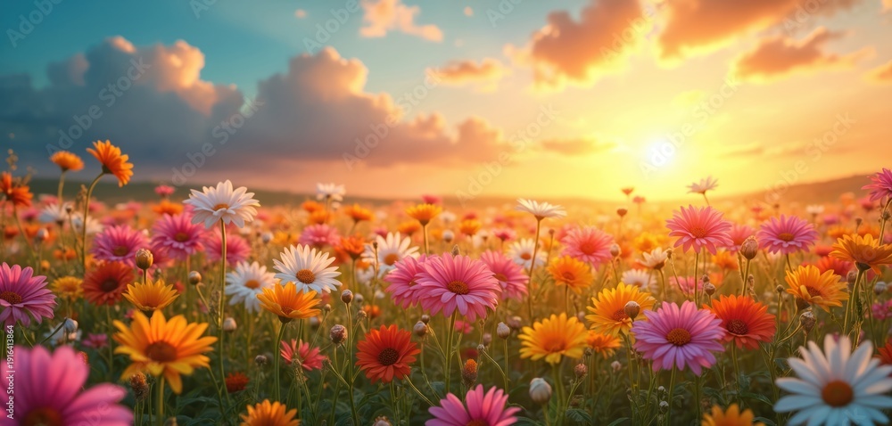 Obraz premium Colorful field of daisies and wildflowers bloom at sunrise sunset golden hour. Soft pastel sky with clouds and warm sun rays illuminate nature meadow.