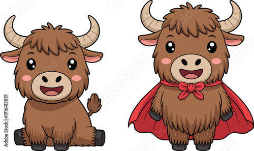 Cute highland cow cartoon character set with superhero cape, adorable fluffy cattle mascot illustration for kids design