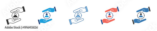 Comprehensive icon set illustrating hands protecting a person symbol, representing concepts of care, security, support, assistance, and dedicated client service solutions