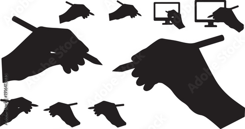 Silhouette of hands holding pencils in various positions and angles