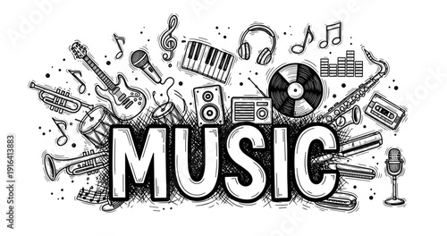 Hand-drawn music instruments and elements with bold typography design