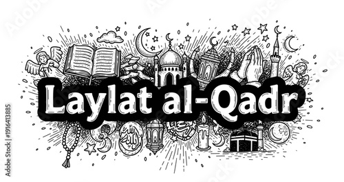 Laylat al-qadr doodle art with mosque, quran, and ramadan symbols