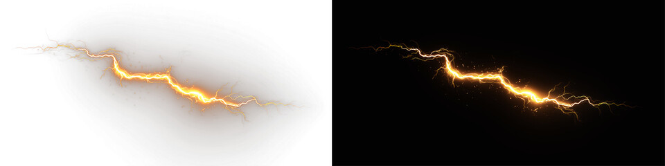 Sudden thunderbolt lights up the horizon, cracking through clouds. Electric energy surges wildly. Nature displays its unstoppable force. PNG overlay gold or yellow lightning