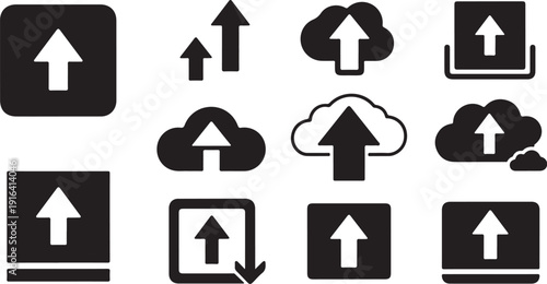 Black and white cloud upload icons on white background