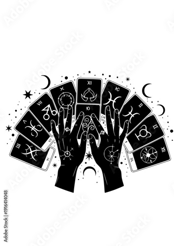 Hands spreading tarot cards modern mysticism and astrology silhouette vector illustration
