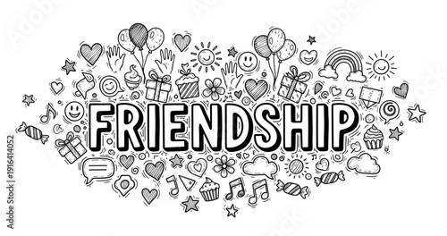 Doodle art featuring friendship theme with hearts, balloons, and gifts