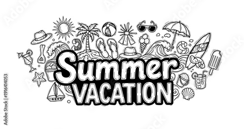 Black and white summer vacation doodle with beach and ocean icons
