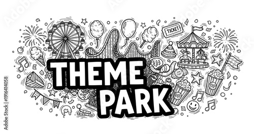 Amusement theme park doodle with rides, balloons, and fireworks