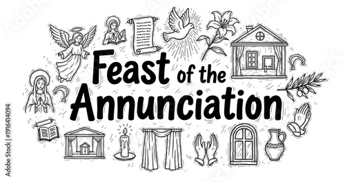 Feast of the annunciation: religious symbols and imagery depicting biblical scene