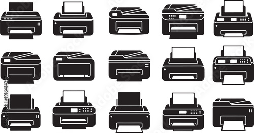 Collection of various printer icons in black and white