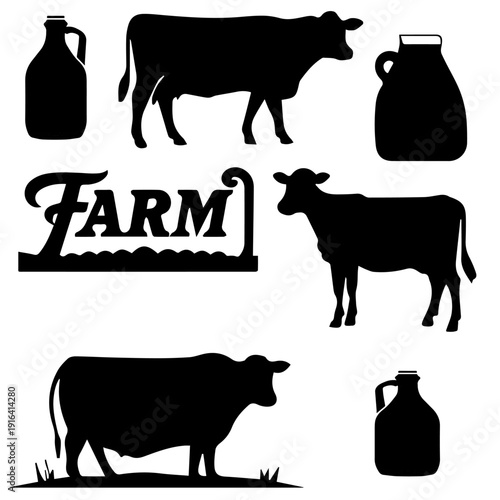 Dairy Farm Icons Set with Cows and Milk in Flat Style
