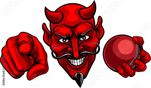 A devil man holding cricket ball and pointing sports team mascot illustration.