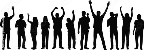 People cheering silhouette set with raised hands isolated on white background, celebration, success, victory, teamwork, crowd excitement concept illustration