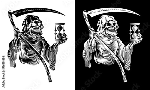 The grim reaper or death holding an hour glass and scythe in a vintage retro woodcut style
