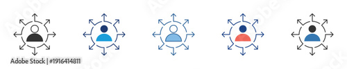 Modern vector icon set illustrating an individual connected within a complex network structure, symbolizing user interaction, social engagement, and digital community