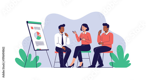 Three diverse colleagues discussing business strategy with a graph on a presentation board in a modern office setting