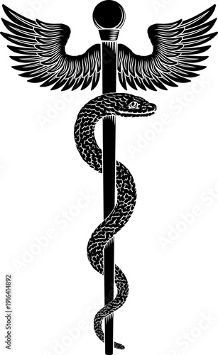 Rod of Asclepius staff medical symbol. Snake around rod or wooden staff. Often mistakenly called Caduceus. Doctor medicine and health care icon. Vintage woodcut etching style. Also features wings.