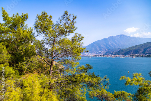 Tableau sur toile Scenic mediterranean bay view through green pine trees
