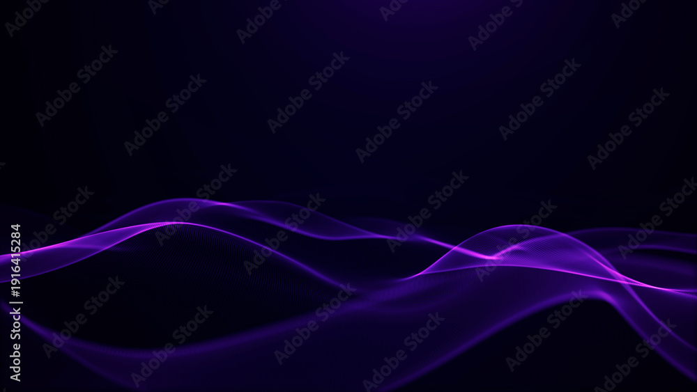 Fototapeta premium Neon purple energy waves flowing through dark digital space, smooth glowing lines, abstract futuristic motion, vibrant plasma light, elegant high tech atmosphere.